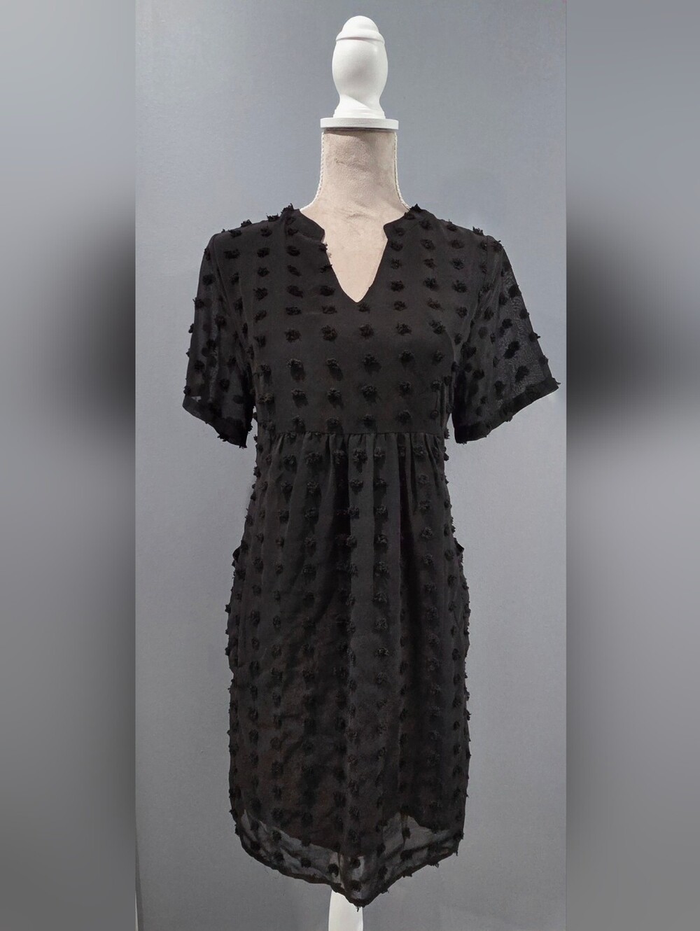 NWT!!! Black Short Sleeve V-Neck Dress W/Pockets & Pom Pom Accents By Miholl